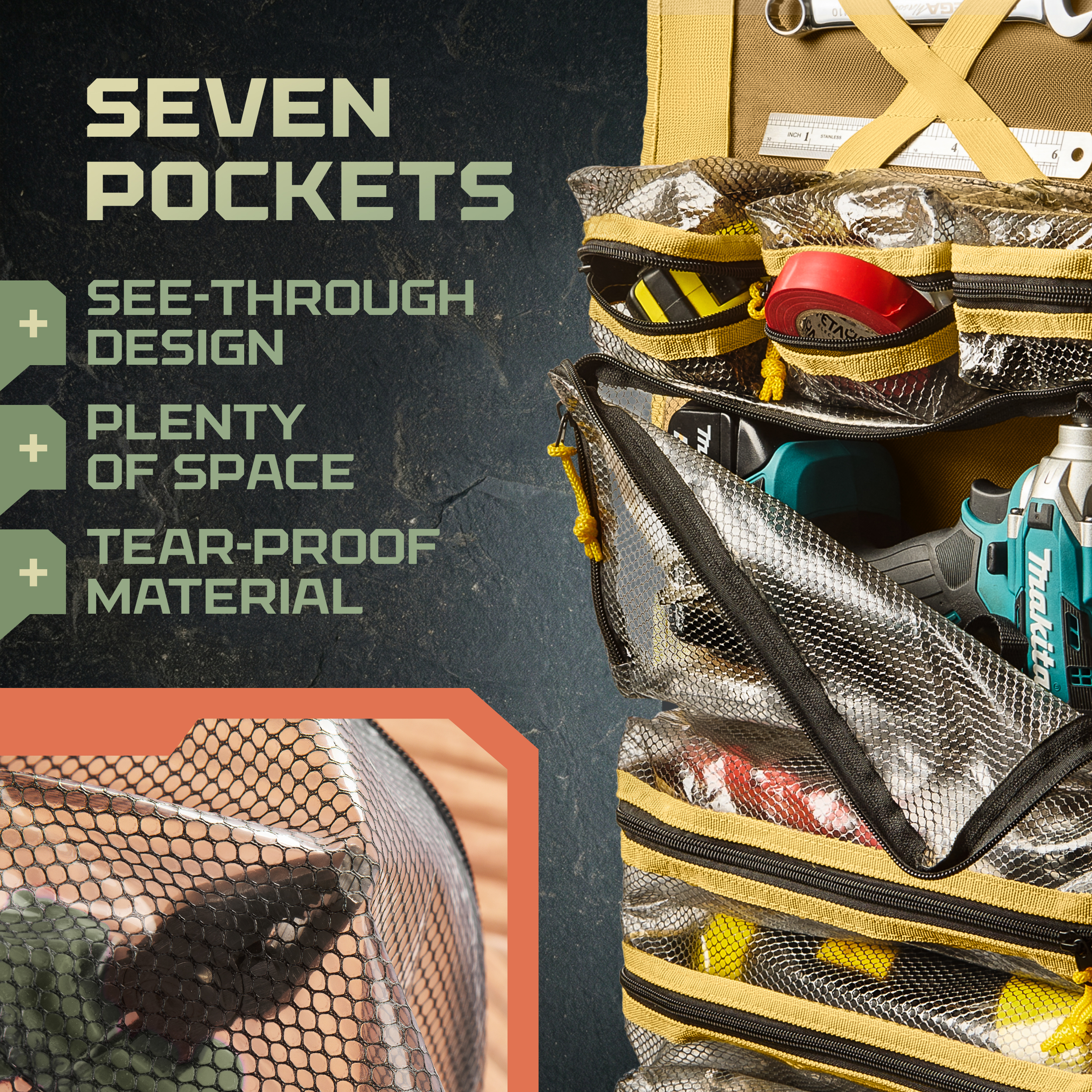 7 transparent pockets for instant visibility