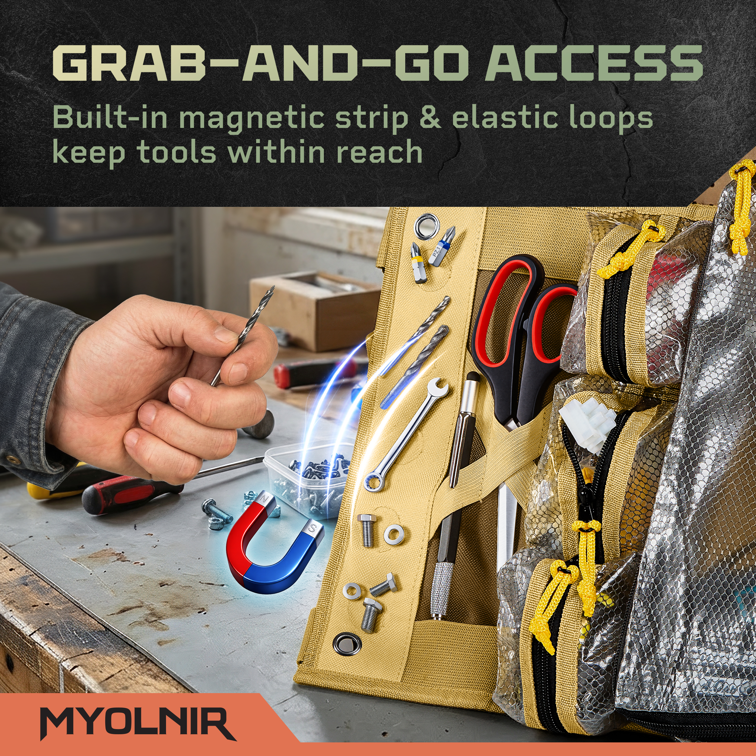 Magnetic strip holds screws and bits