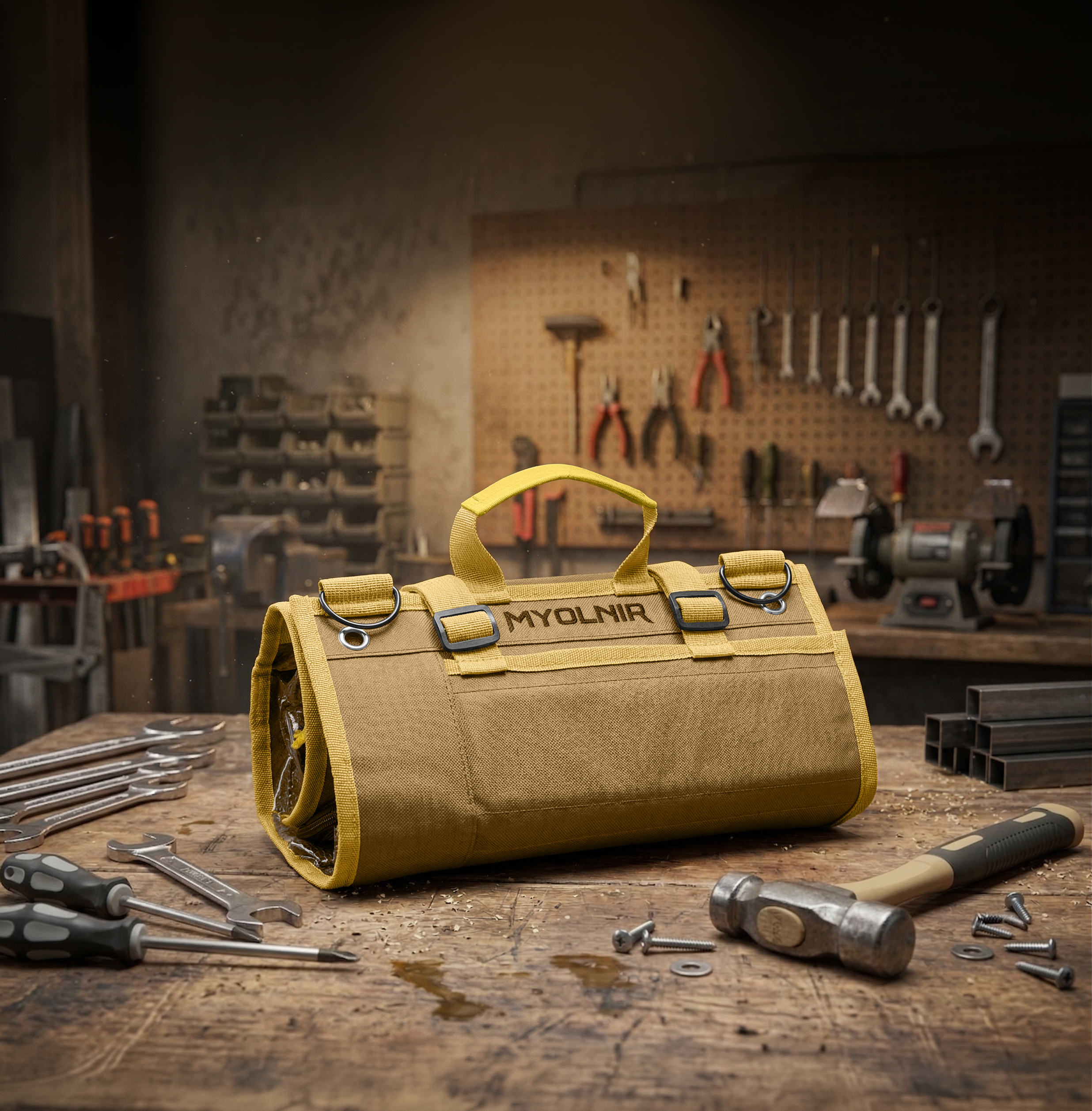 Myolnir roll-up tool bag rolled up on a workshop table