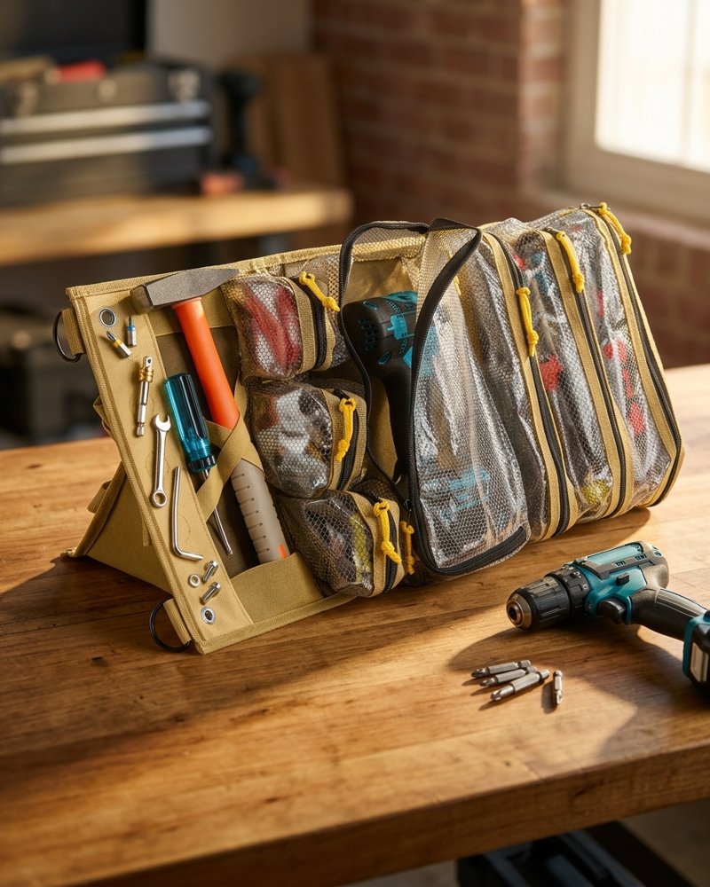 Myolnir roll-up tool bag: stands on the bench