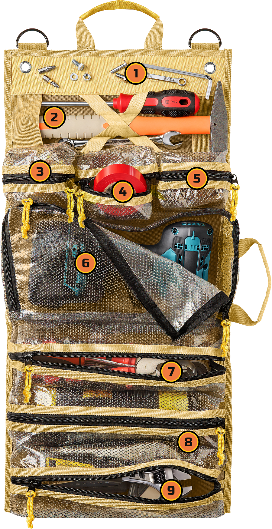 Myolnir roll-up tool bag hanging open, nine storage zones numbered